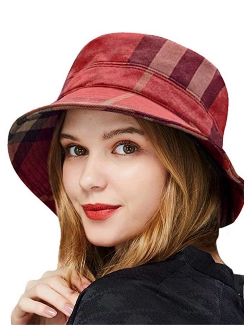 Plaid Red Bucket Hat - Women's Fashion Accessory - Picture 2 of 14